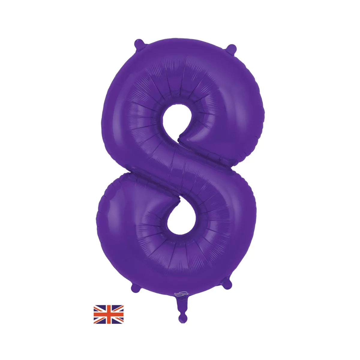 Oaktree purple foil balloon shaped as number 8, 34 inches tall, with shiny metallic finish and detailed printed design.