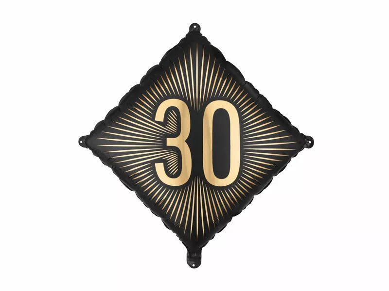 PartyDeco foil balloon in black and gold with "30" age design, 18-inch birthday celebration balloon.