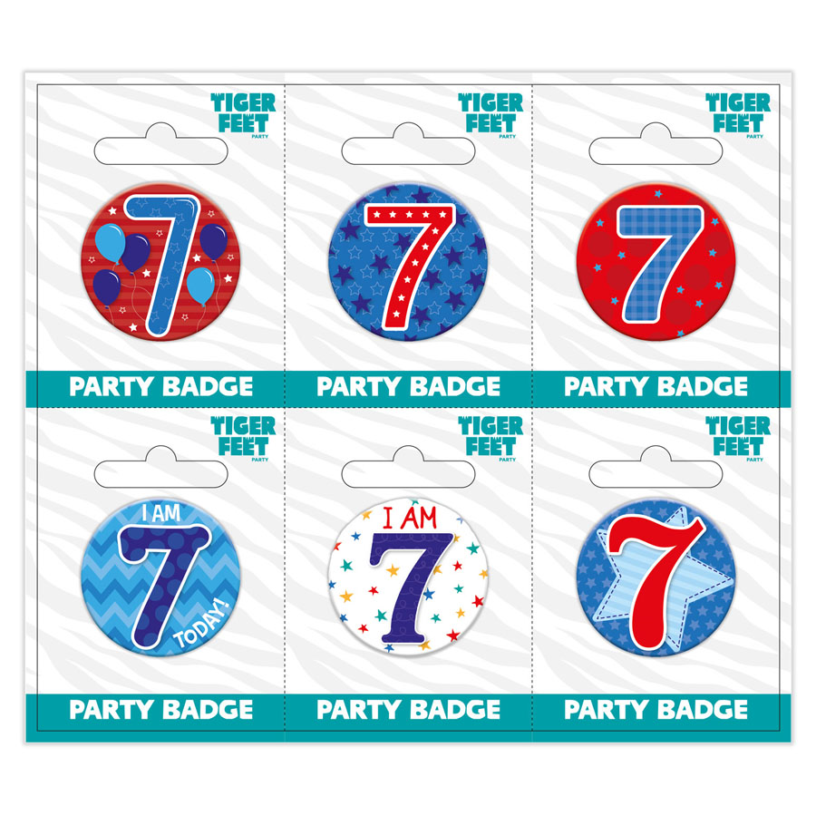 Six small Tiger Feet birthday badges with the age 7 design, perfect for celebrating a child's seventh birthday.