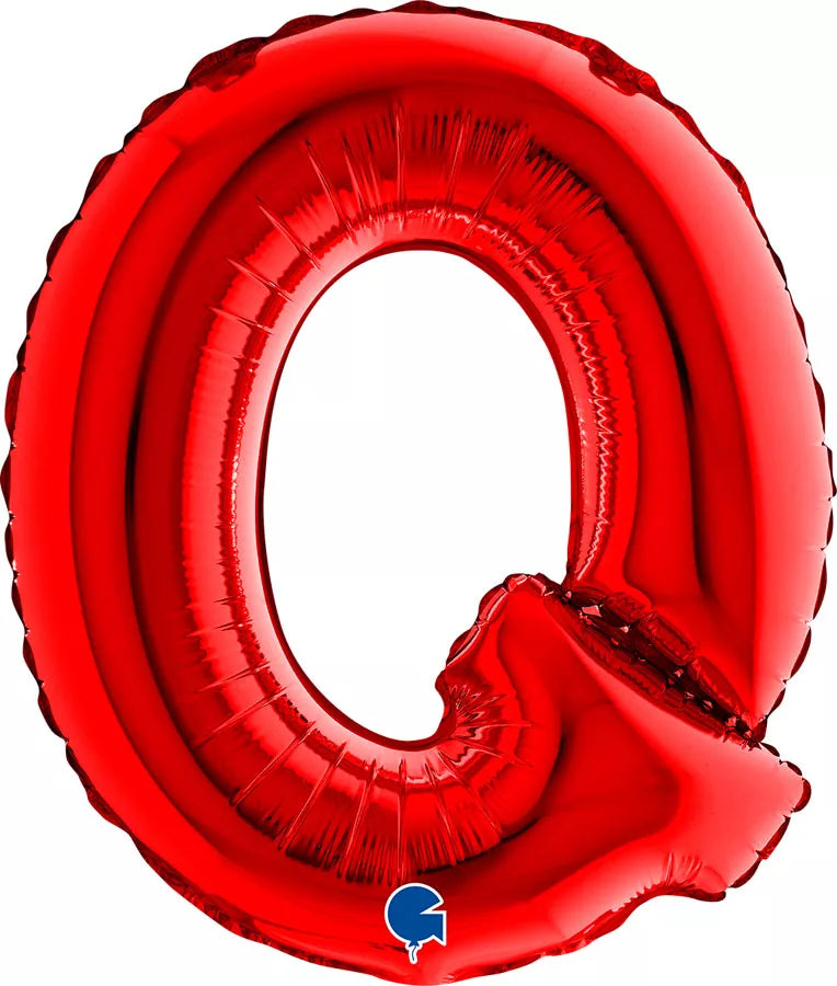 Red Grabo foil balloon shaped as the letter Q, 14 inches tall, inflated and floating against a white background.