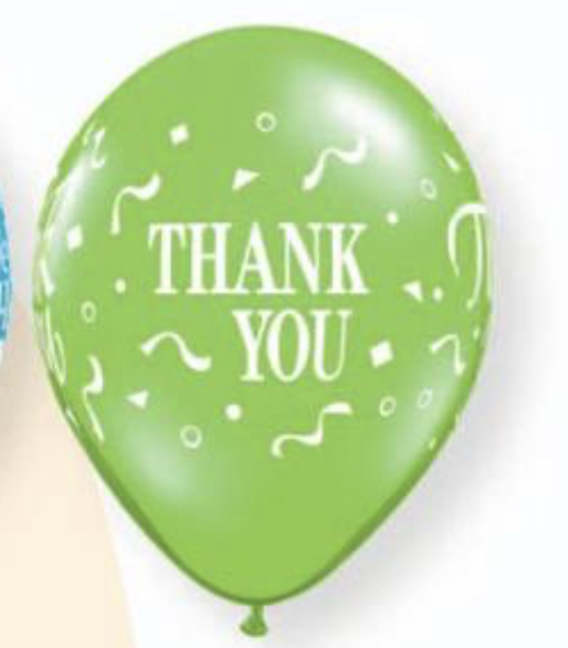 Qualatex 25-pack latex printed balloons with "Thank You" message, 11-inch size, colorful and suitable for celebrations.