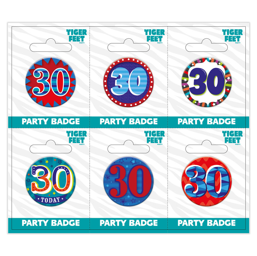 Six small Tiger Feet birthday badges with the number 30, perfect for celebrating a 30th birthday.