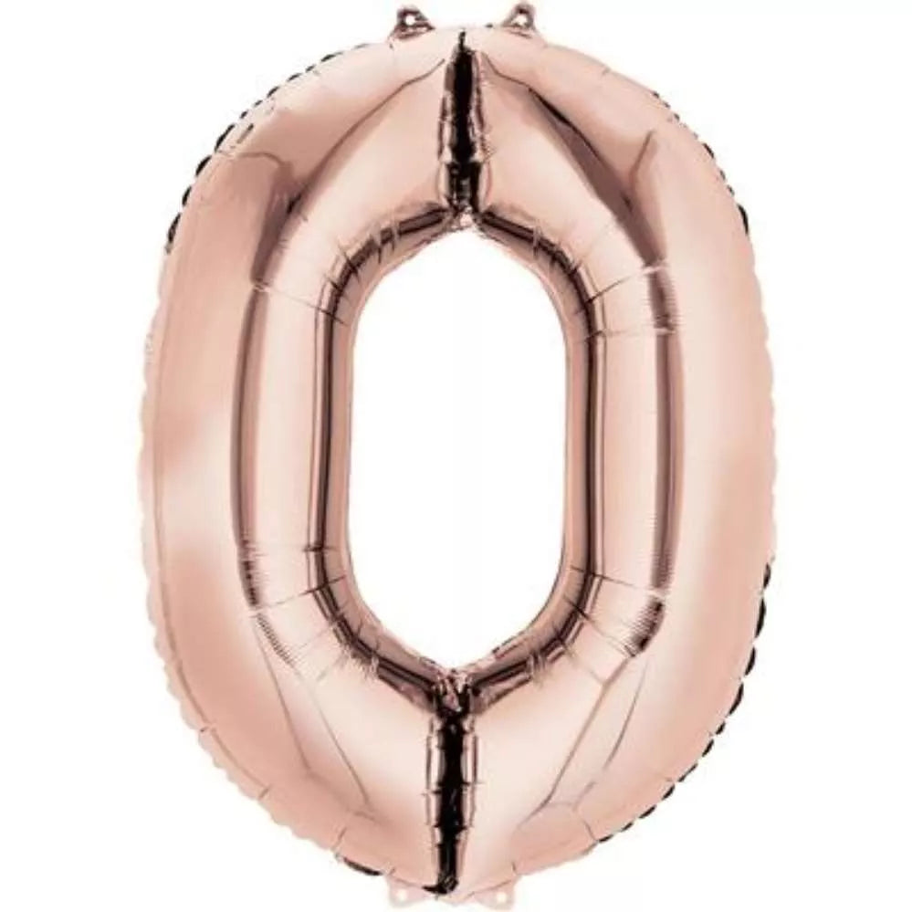 Anagram rose gold foil balloon shaped as the number 0, 34 inches tall, shiny metallic finish, perfect for celebrations and decorations.
