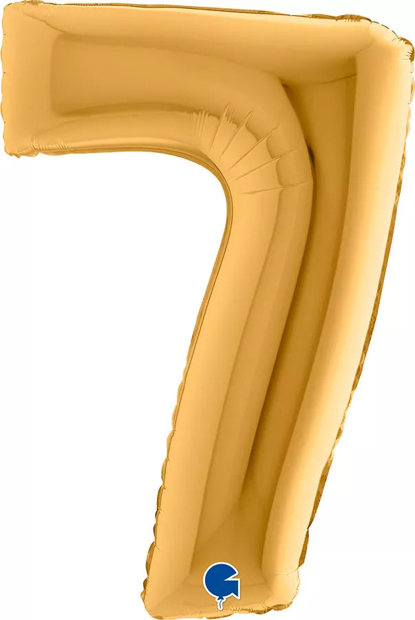 Gold 40-inch Grabo foil balloon shaped as the number 7, shiny metallic finish, floating against a plain background.