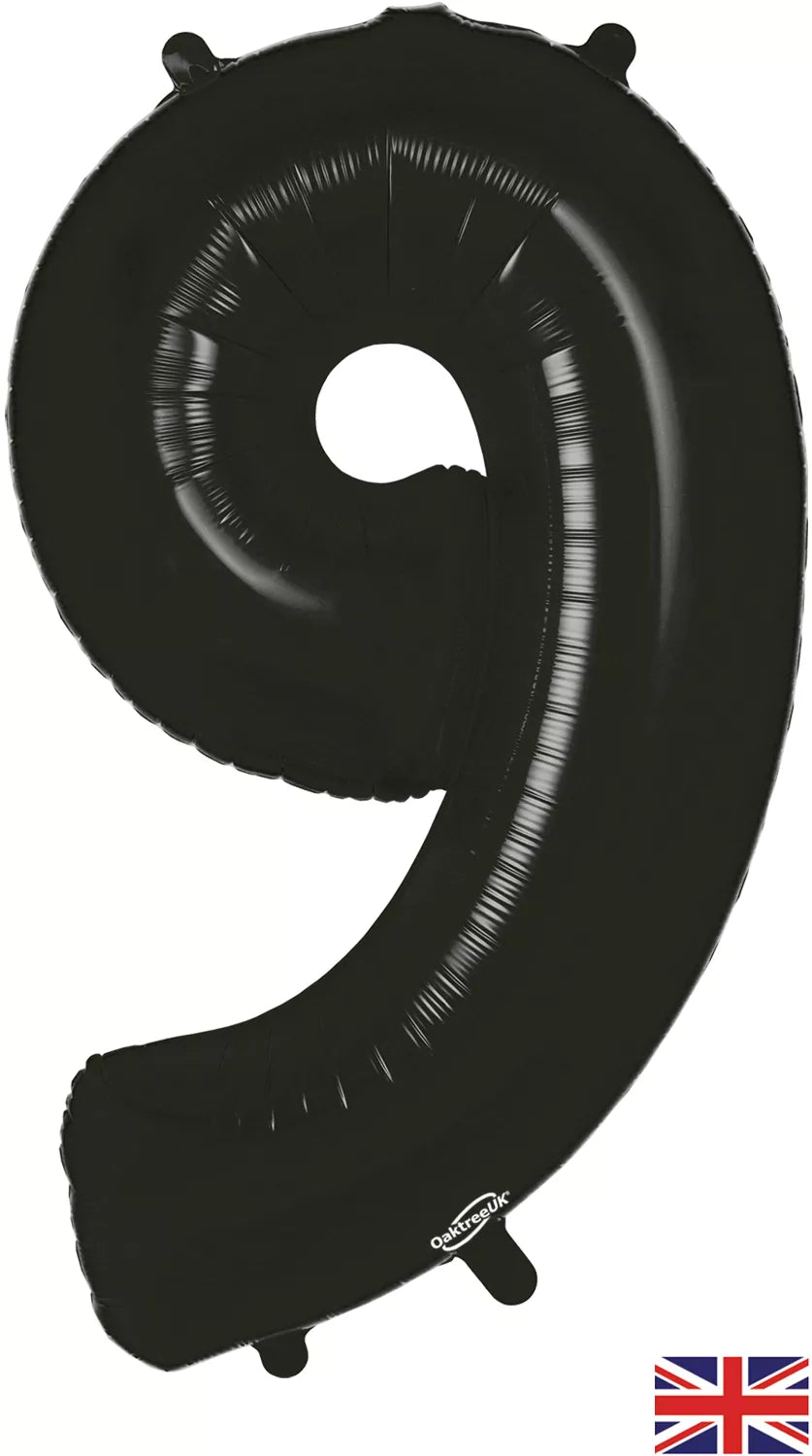 Black 34-inch Oaktree foil balloon in the shape of the number 9, shiny metallic finish, perfect for celebrations and events.