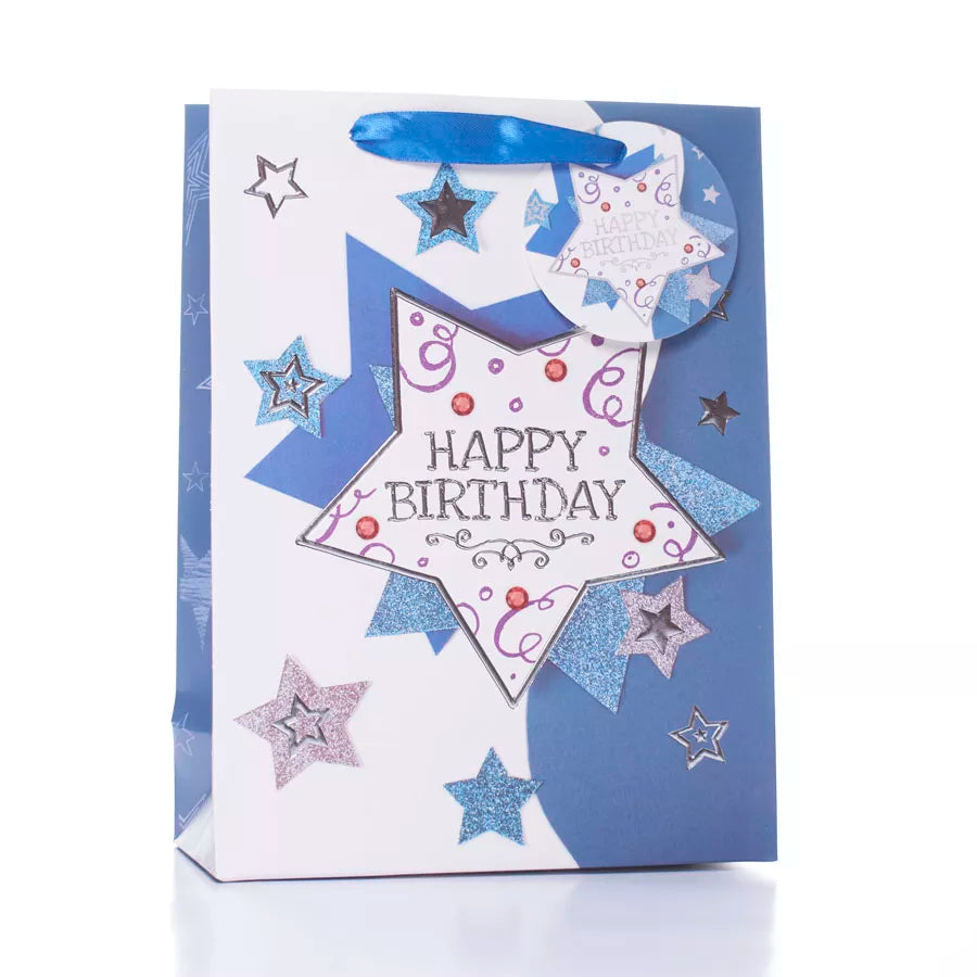 Set of six medium Tulip gift bags featuring happy birthday stars design, perfect for celebrating special occasions.