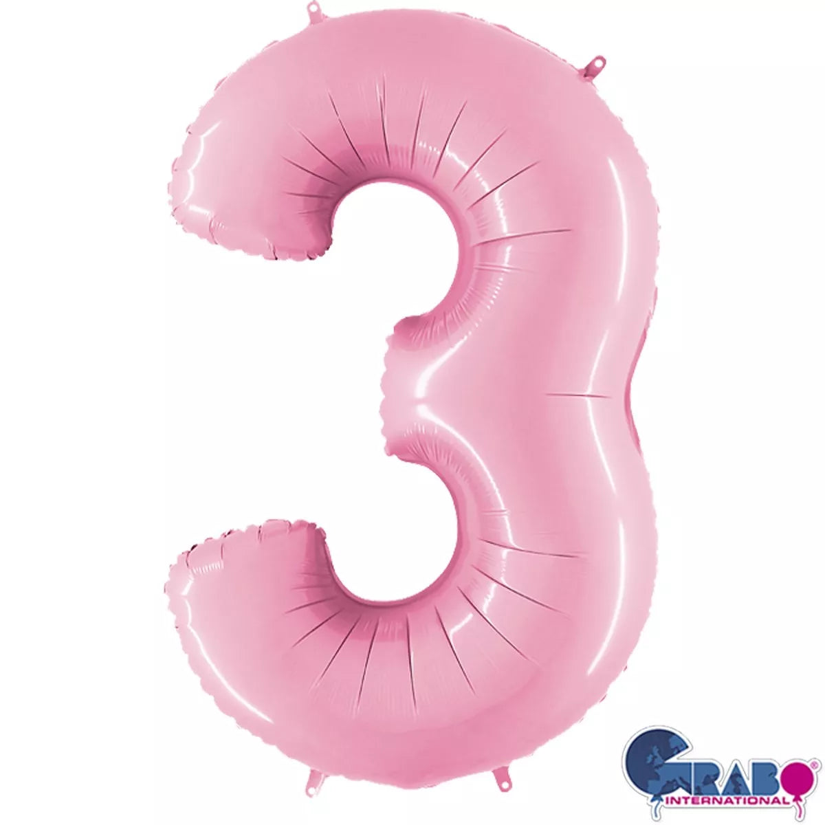 Pastel pink Grabo foil balloon shaped as the number 3, measuring 40 inches tall, on a white background.