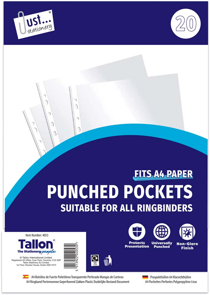 Clear Plastic A4 Punched Pockets 20pk