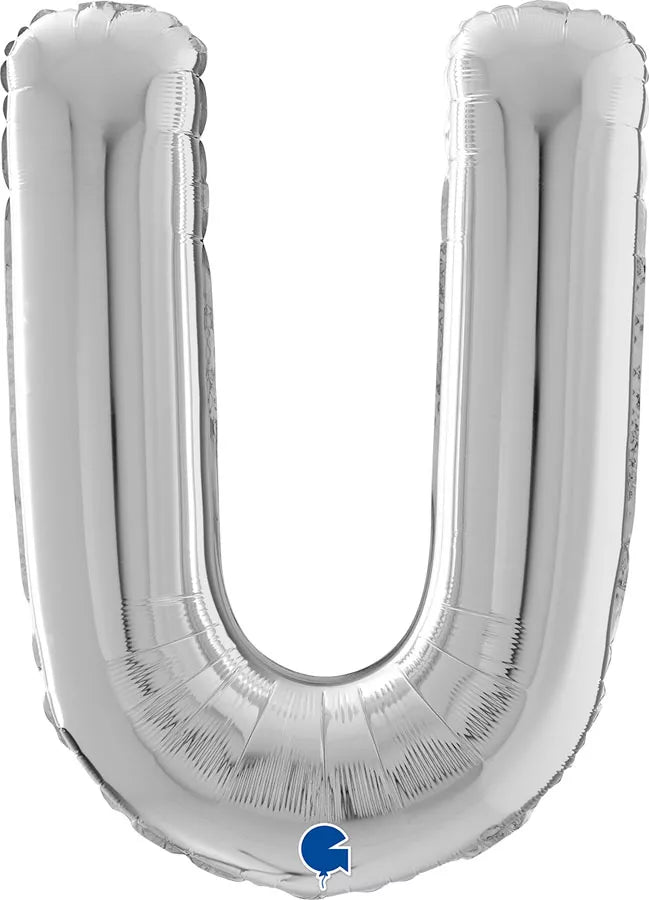 Silver Grabo foil balloon shaped as the letter U, measuring 26 inches, with reflective metallic surface.