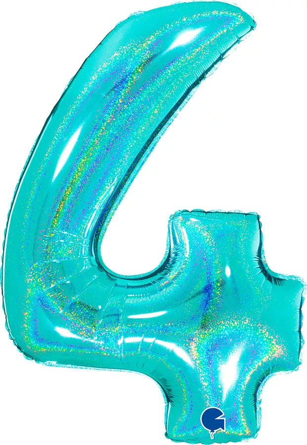 Grabo Tiffany foil balloon shaped as number 4 with holographic glitter foil finish, 40-inch size for celebrations.