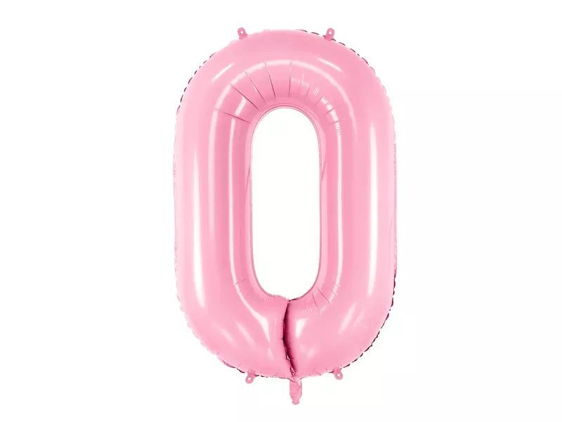 Pink PartyDeco foil balloon shaped as the number zero, 34 inches tall, with shiny metallic surface for celebrations and parties.