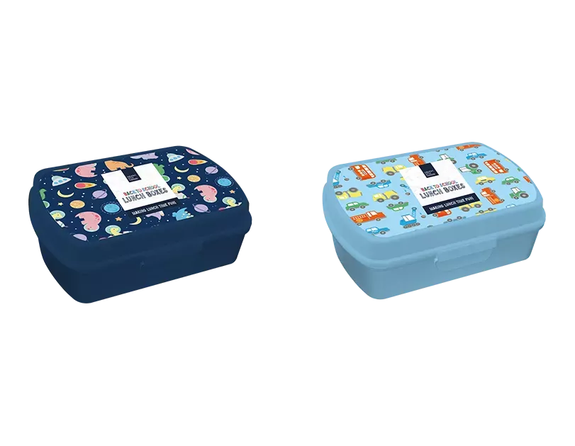Set of two Gem Imports Lunch Boxes featuring cars, space themes, and dinosaurs, measuring 12x17x6cm, perfect for kids' snacks.