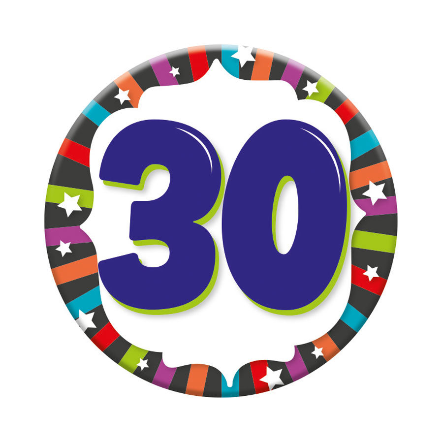 Six small Tiger Feet birthday badges featuring the number 30, perfect for celebrating a 30th birthday event.