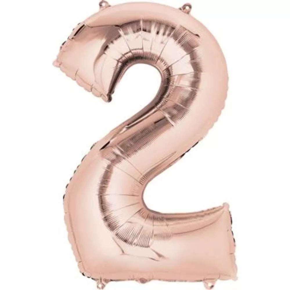 Rose gold Anagram foil balloon in the shape of the number 2, measuring 34 inches tall, perfect for celebrations.