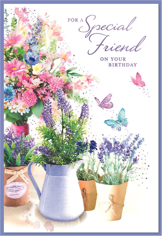 Six Simon Elvin C50 birthday cards featuring special friend designs, with colorful illustrations and festive messages.