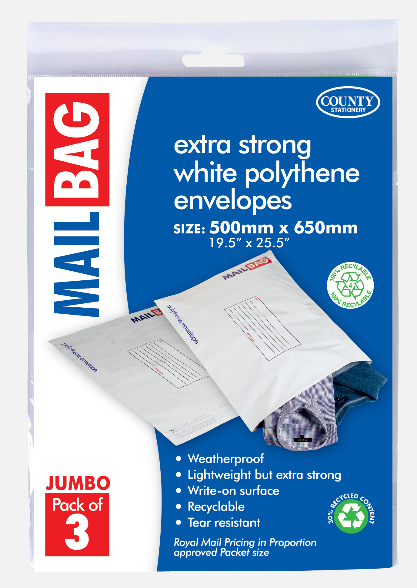 County Stationery 3 Pack Mail Bags 500x650mm