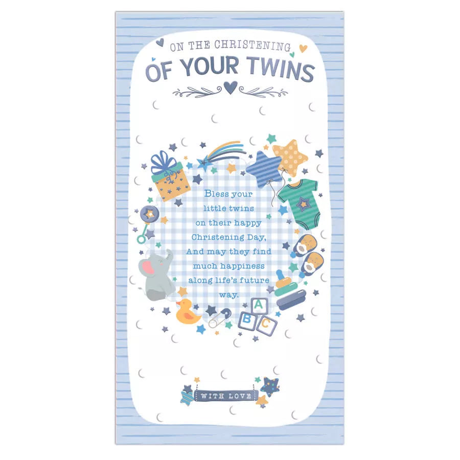 Prelude Christening Twins card pack featuring six elegant cards with religious-themed designs for twins' christening celebrations.