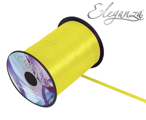 Yellow Eleganza Ribbon 5mm wide, 500 yards of balloon ribbon, shown in a coiled spool ready for decorating or crafting.