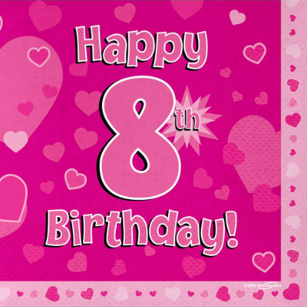 8th Birthday Pink 3-ply Napkins 33x33cm 16pk