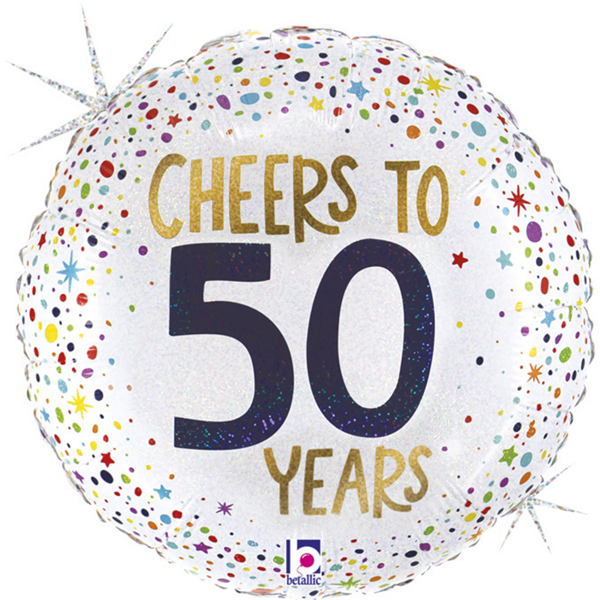Holographic foil balloon celebrating 50 years with "Cheers to 50 Years" text, shiny glitter finish, and vibrant colors.