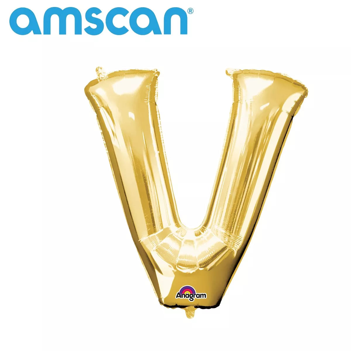 Gold 16-inch Anagram foil letter V balloon, shiny metallic finish, inflated and floating, perfect for celebrations.