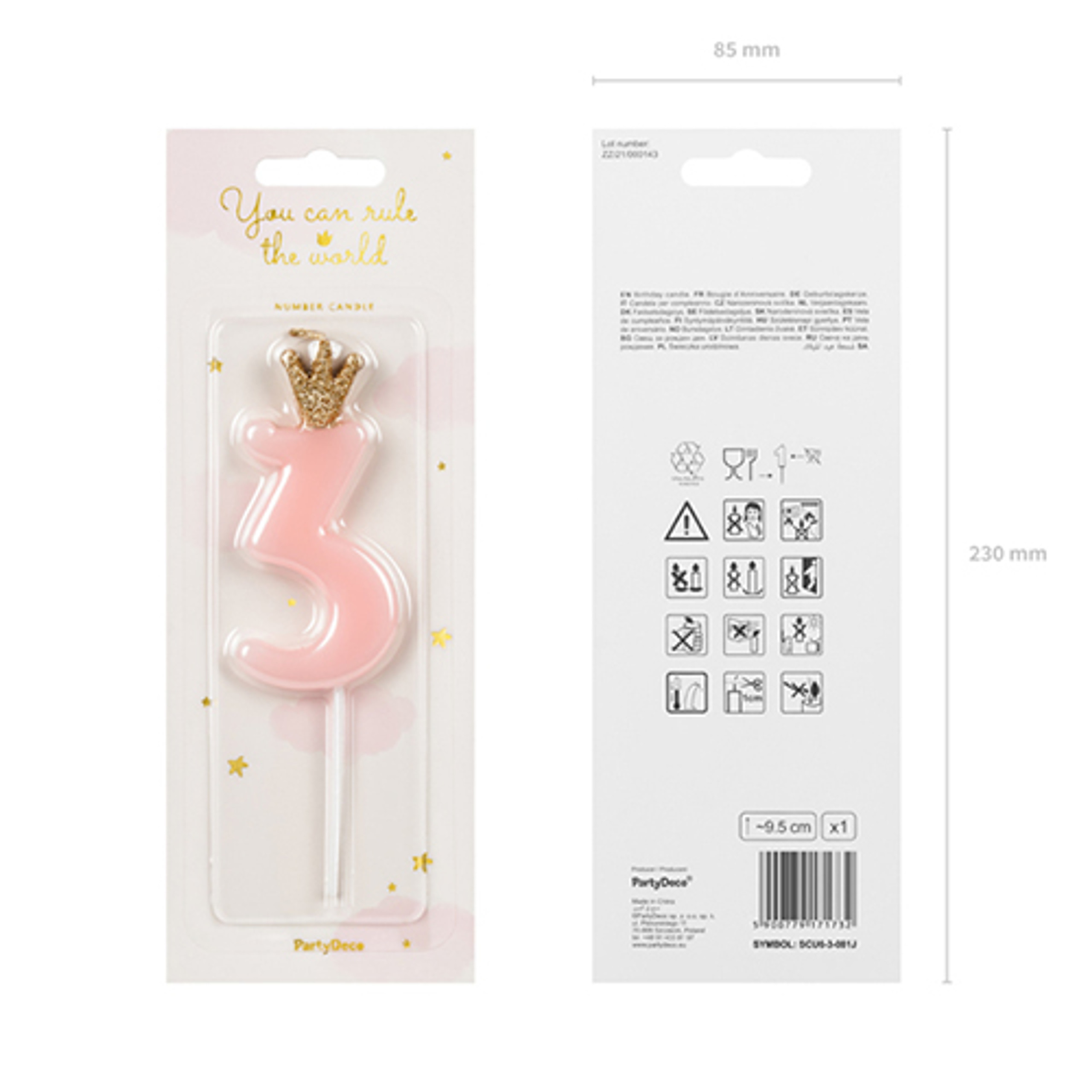 PartyDeco Party Candle Number 3 Pink 9.5cm