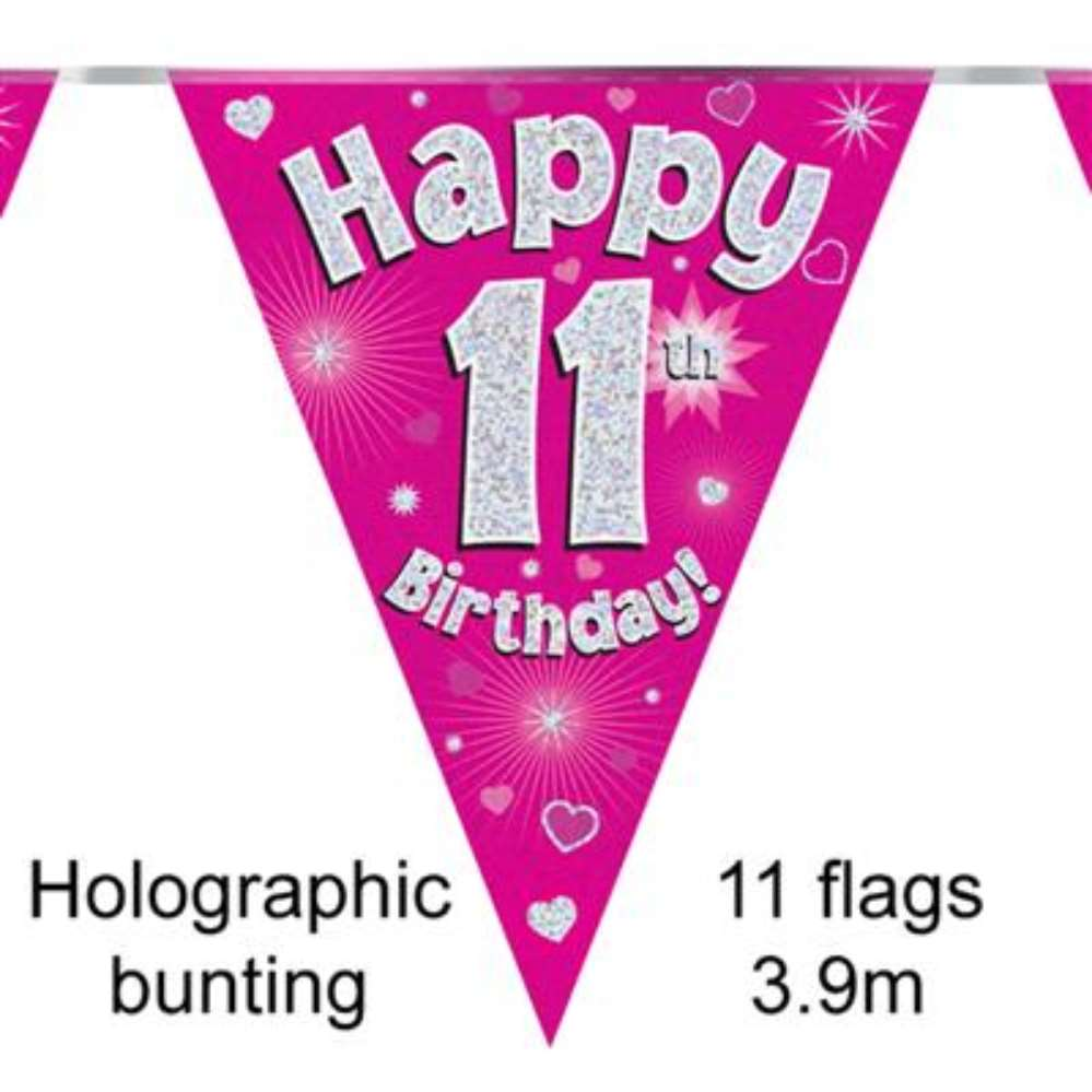 Bunting 11 Flags Pink Holographic Birthday Age 11