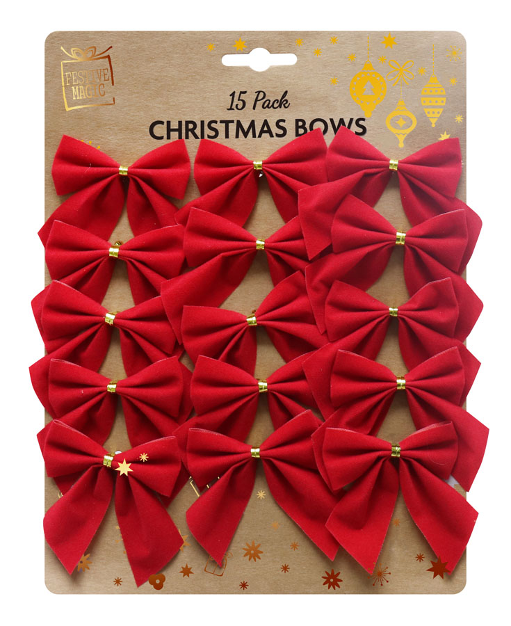 Uncle Bills 15 Pack Bows Mini Flocked Red