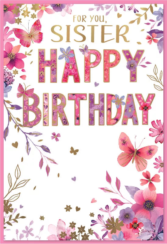 Set of six Simon Elvin C50 birthday sister cards featuring colorful designs and festive messages for celebrating a sister's birthday.