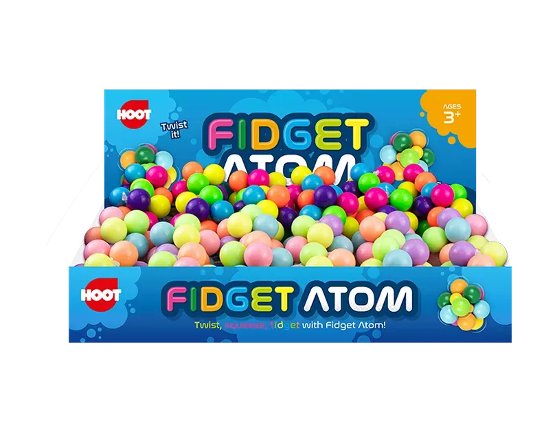 Colorful Fidget Atom toy by Gem Imports, featuring spinning and clicking parts, designed for stress relief and tactile fun.