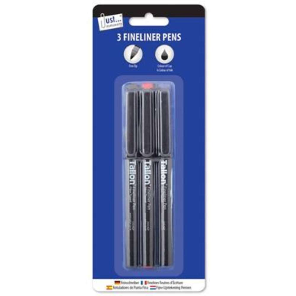 Set of three Tallon fineliner pens in assorted colors, ideal for detailed writing and artistic drawings.