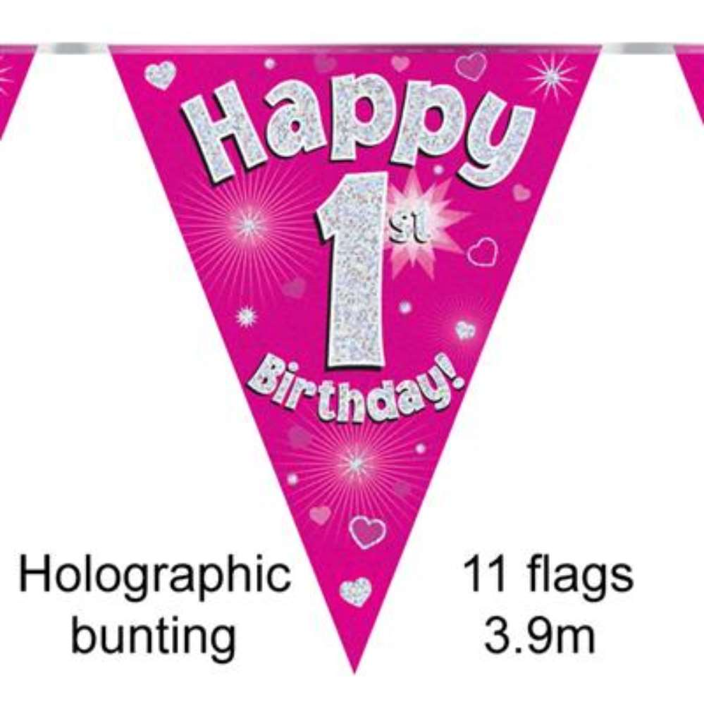 Bunting 11 Flags Pink Holographic Birthday Age 1