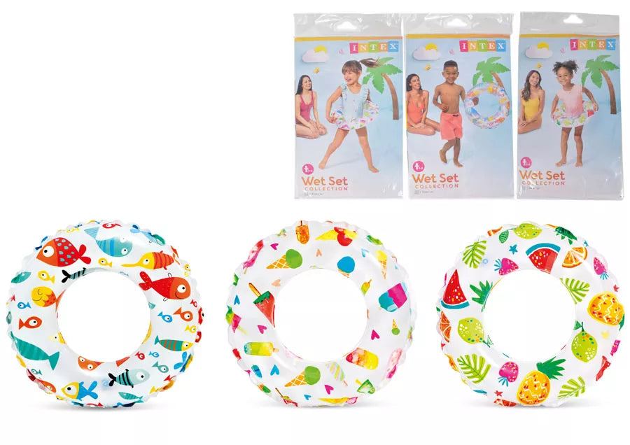 Colorful Intex 20-inch printed swim rings by Kandy Toys, featuring vibrant aquatic designs, perfect for pool fun and swimming.