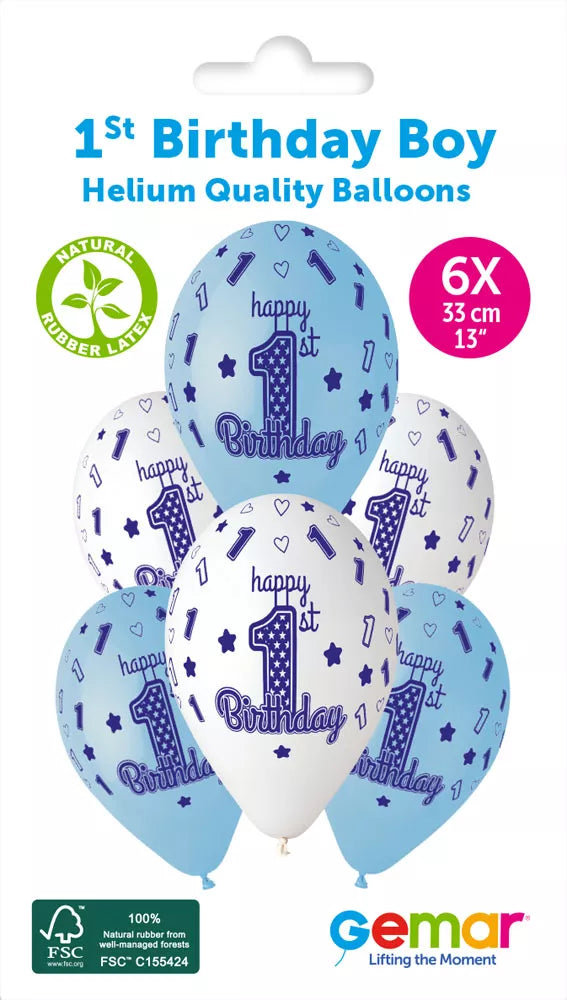 Six Gemar 13-inch printed latex balloons for a first birthday boy, featuring colorful birthday-themed designs.