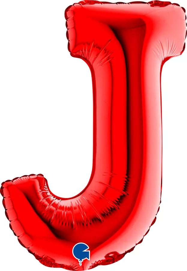 Red Grabo foil balloon shaped as a 14-inch letter J, shiny and vibrant, perfect for party decorations and celebrations.