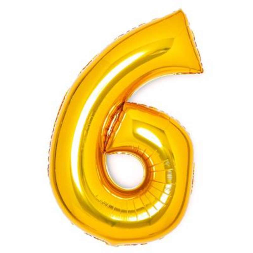 Gold foil balloon shaped as the number 6, 34 inches tall, by Anagram, perfect for celebrations and decorations.
