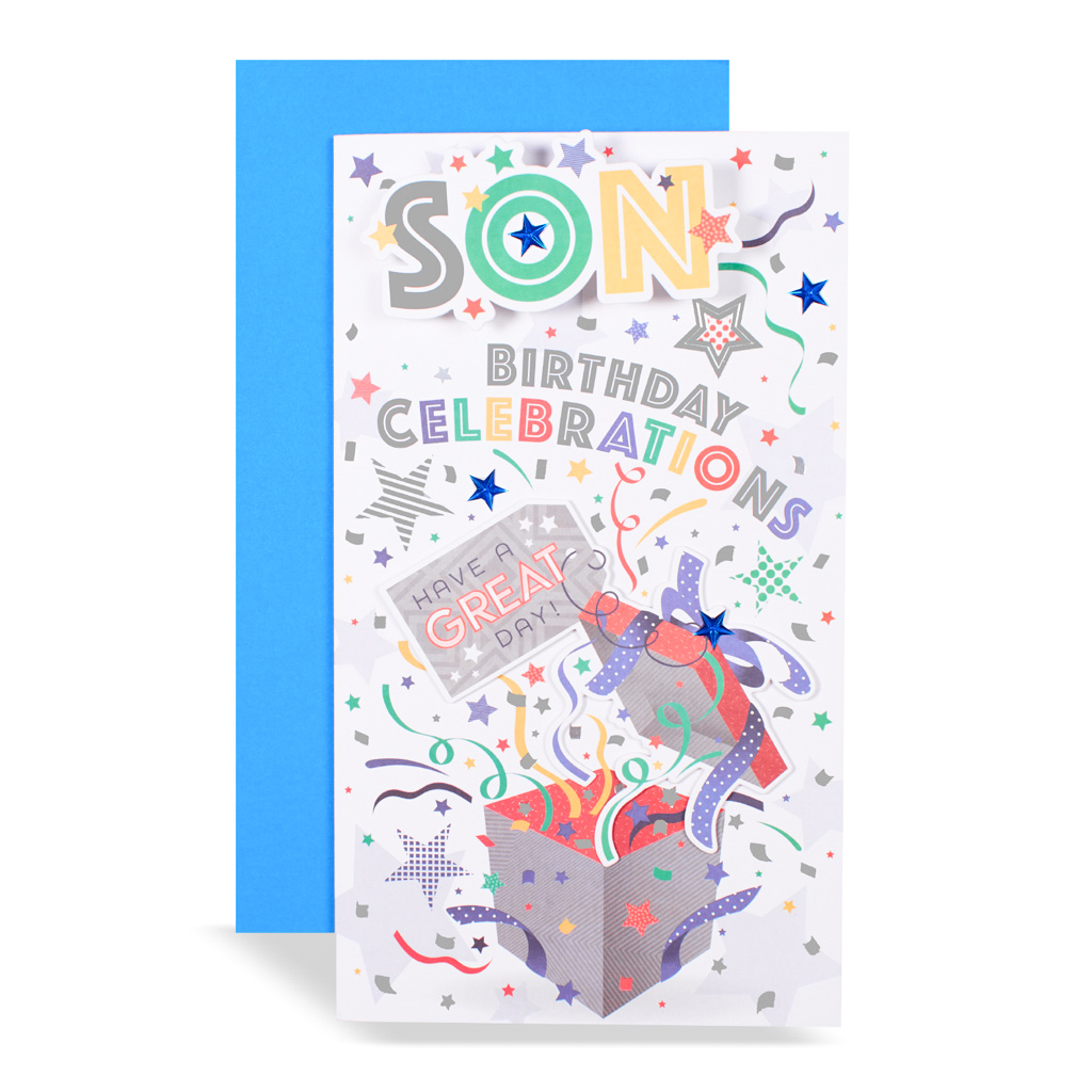 Set of six Excellence birthday cards for son, featuring colorful designs and celebratory messages.