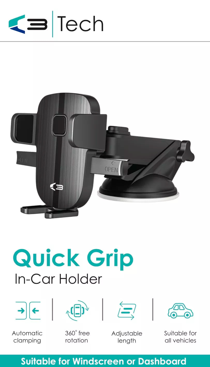 Vibe Centre Quick Grip Phone Holder attached to a car dashboard, showcasing secure phone mounting for electronics.
