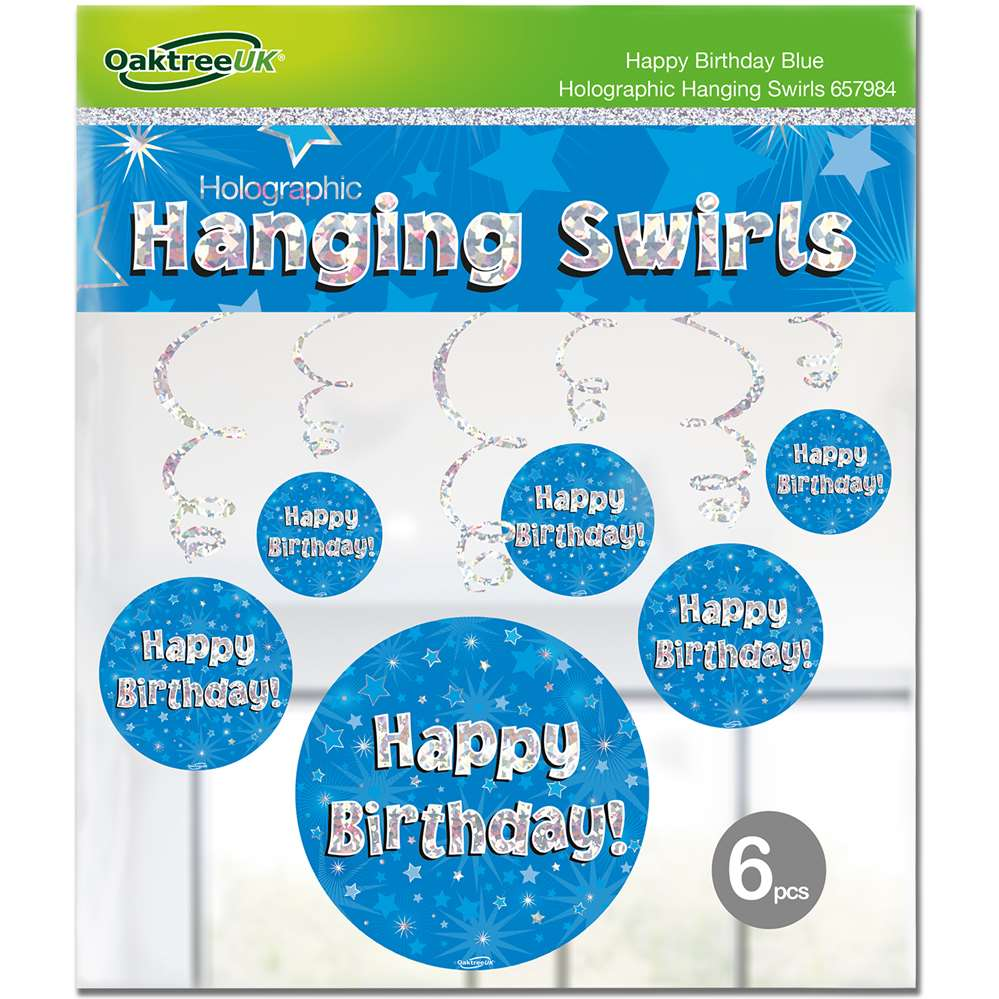 Blue Holographic Happy Birthday Hanging Swirls 6pk