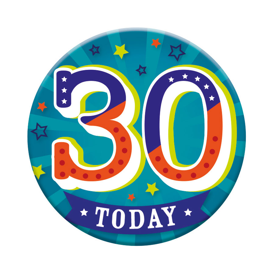 Six small Tiger Feet birthday badges featuring the age 30, with colorful designs on a white background.