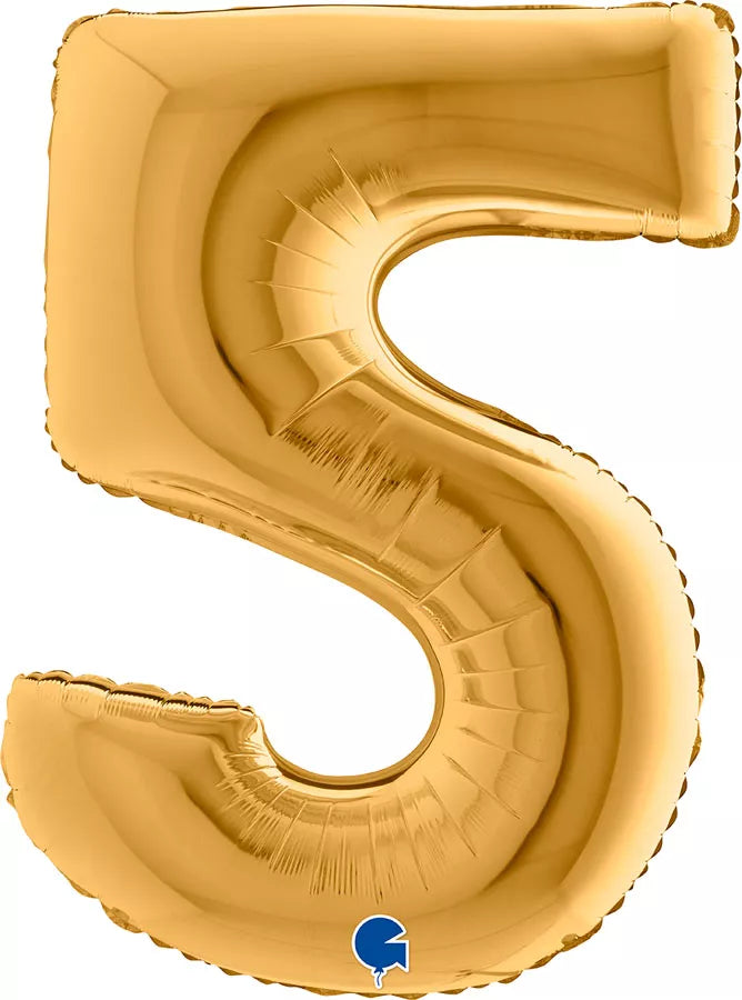 Gold Grabo foil balloon shaped as the number 5, measuring 40 inches, with shiny metallic finish and festive design.