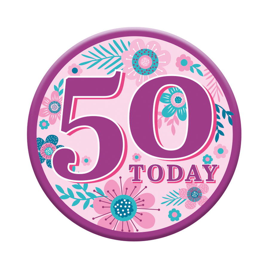 Six small Tiger Feet birthday badges displaying the number 50 for age celebration, featuring colorful designs.