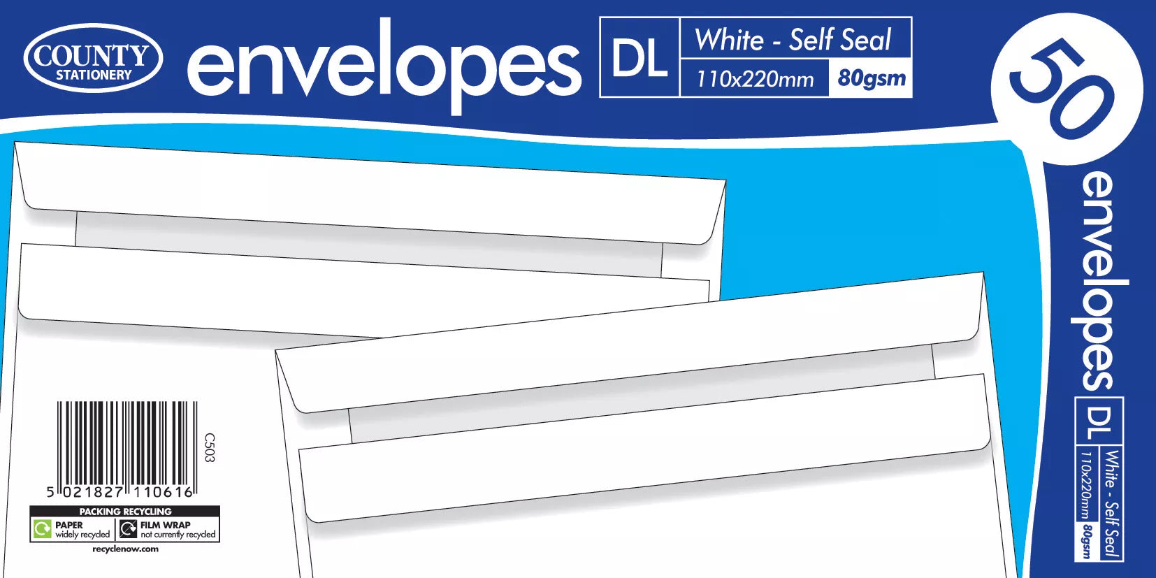 Self seal DL envelopes in 110x220mm size from County Stationery, showing the sealed envelope with adhesive flap and white paper finish.