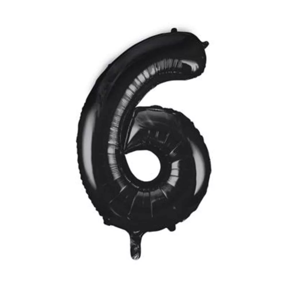 Black 34-inch Unique foil balloon shaped as the number 6, shiny metallic finish, floating against a neutral background.