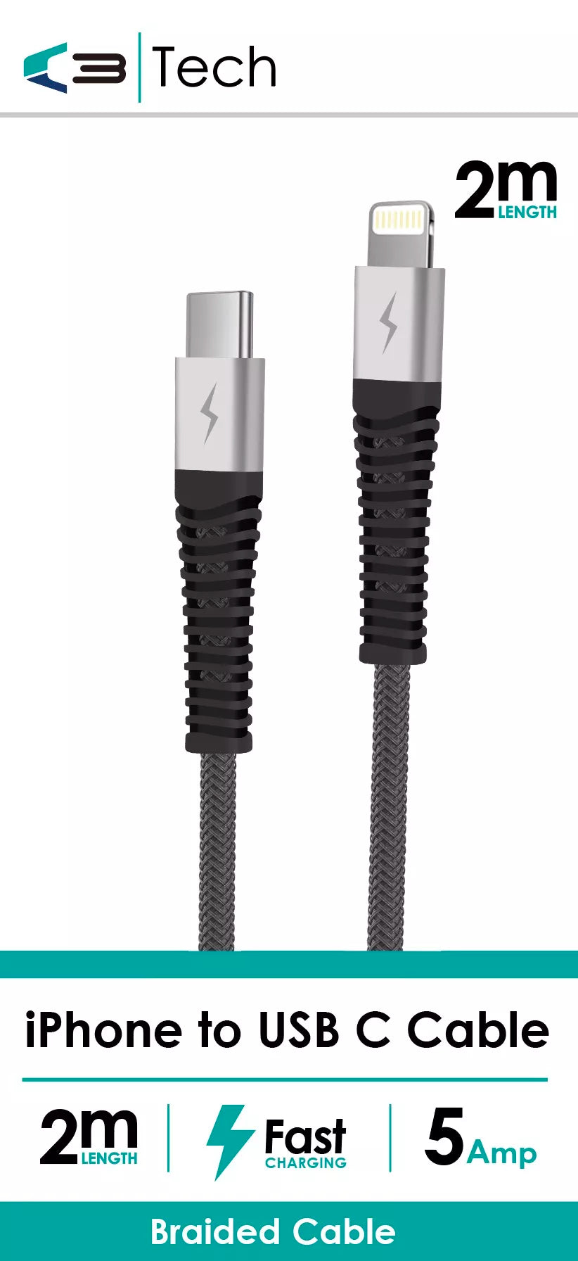 Braided Vibe Centre iPhone to USB C cable, 2m length, durable design with braided exterior for charging and data transfer.
