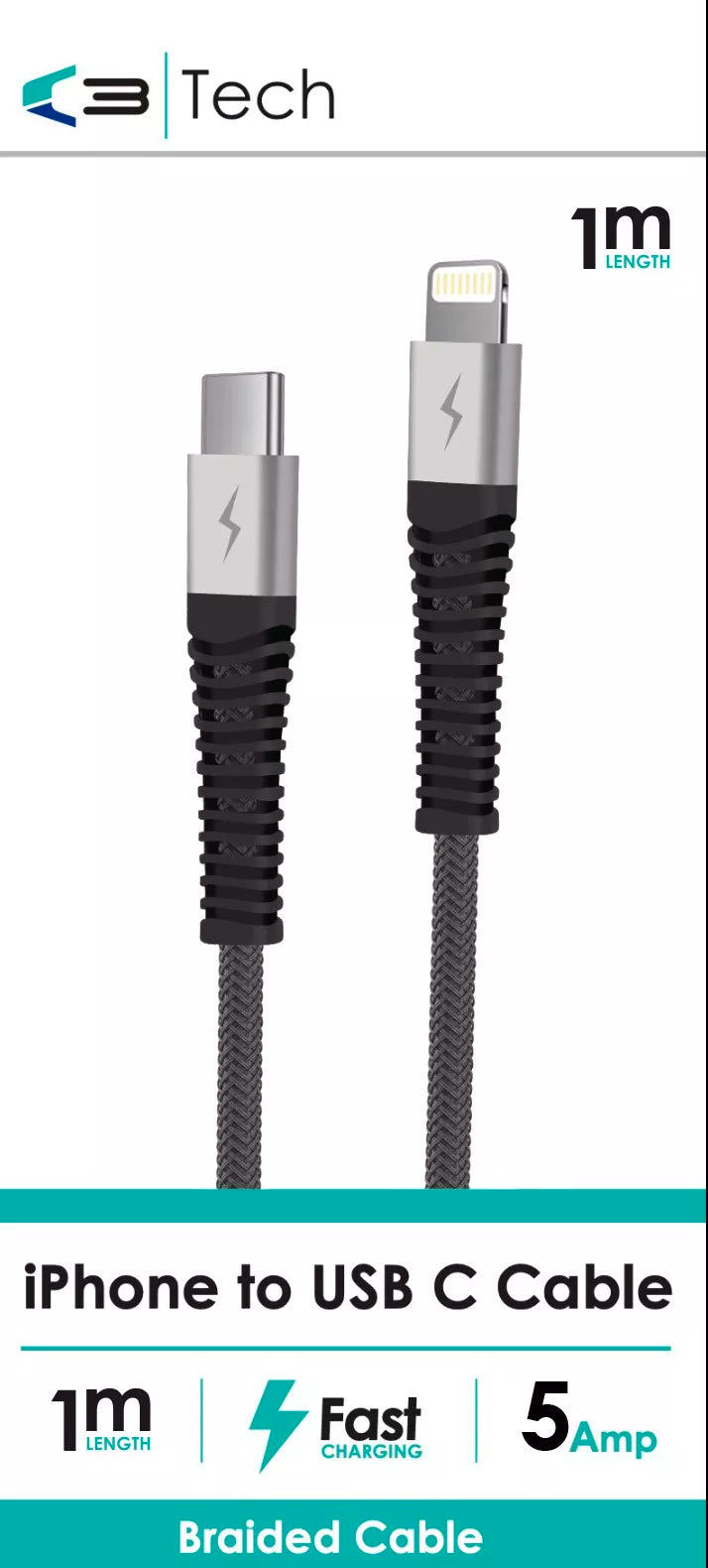 Vibe Centre braided iPhone to Type C charging cable with durable design and reinforced connectors for reliable charging and data transfer