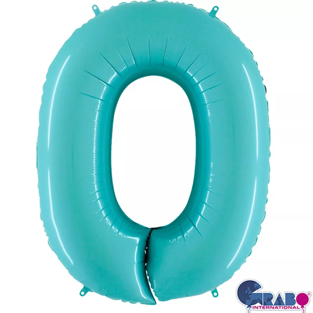 Pastel blue Grabo foil balloon in the shape of number 0, measuring 40 inches, with shiny metallic surface and printed branding.