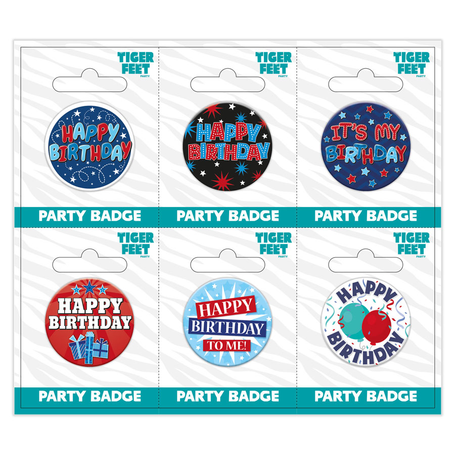 Six small birthday-themed badges from Tiger Feet featuring open designs, perfect for party decorations or gift ideas.