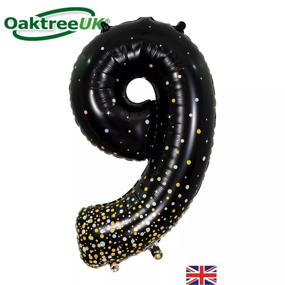 Oaktree 34-inch black and gold foil number 9 balloon, festive decoration with shiny metallic finish for celebrations