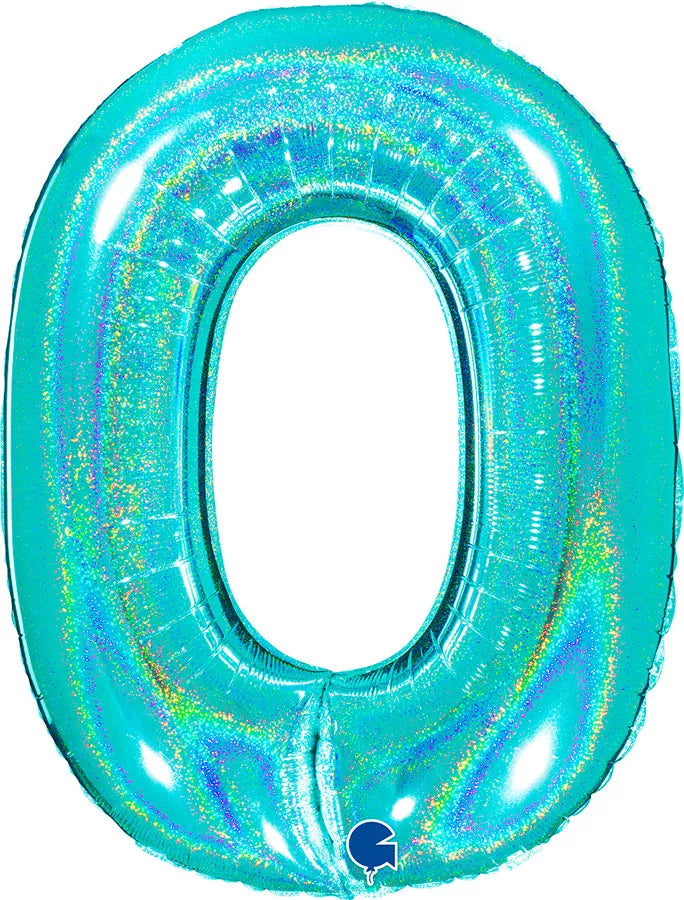 Grabo foil balloon in Tiffany blue with holographic glitter Number 0, 40-inch size, shiny foil finish, designed for celebrations